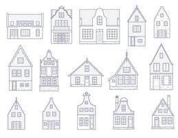 amsterdamse huizen. gevels van Europese oude gebouwen. Hollandse huizen. vector set schets illustratie