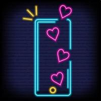 vliegende neonharten op smartphone. liefde houdt van emoties voor sociale media. positieve reacties en feedback. vector