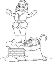 kleurplaat. cartoon grappige kerstman met geschenken op schoorsteen. kinderillustratie vector