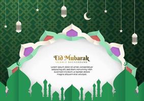 eid mubarak vector ontwerp wenskaart achtergrond. eid al fitr illustratie in een papier-cut stijl met moskee, halve maan, lantaarn, arabesk ornament. geschikt voor islamitische feestsjablonen.