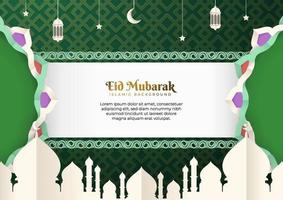 eid mubarak vector ontwerp wenskaart achtergrond. eid al fitr illustratie in een papier-cut stijl met moskee, halve maan, lantaarn, arabesk ornament. geschikt voor islamitische feestsjablonen.