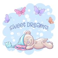 Prentbriefkaar leuke slaapbeer en vlinders. Cartoon stijl. Vector