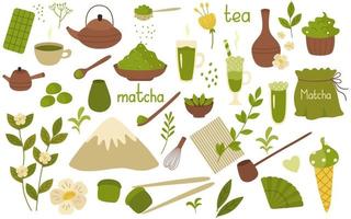 matcha poeder groene thee set elementen. theepot, beker, bamboelepel, garde, zeef, snoep en drankjes. vectorillustratie geïsoleerd. voor ansichtkaart, design decor
