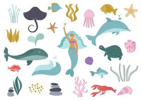 mariene collectie. onderwaterwereld van schattige bewoners, zeemeermin, dolfijn, walvis, schildpad, kwallen, koralen, algenstenen, zand, schelpen, zeester, pijlstaartrog, rivierkreeft. vectorillustratie, geïsoleerd. vector