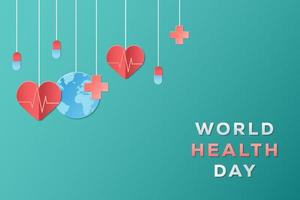 Wereldgezondheidsdagillustratie met hangende planeet, harten, medisch kruis en pillen in papierkunst vector