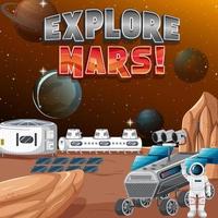 ruimtestation op planeet met explore mars-logo vector