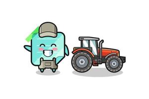 de blauwe plaknotities-boerenmascotte die naast een tractor staat vector