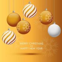 prettige kerstdagen en gelukkig nieuwjaarskaart met gouden ballen. vector