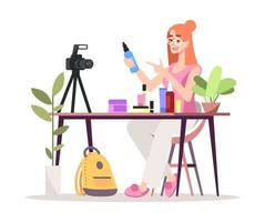 cosmetica online recensie platte vectorillustratie. mode, beauty blogger, vlogger geïsoleerde stripfiguur op witte achtergrond. make-up, huidverzorgingsproducten video review. influencer marketingconcept vector