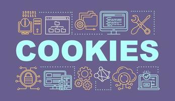 cookies woord concepten banner. software voor het volgen van partners en verwijzingen. computergebruik, gegevensopslag. presentatie, website. geïsoleerde belettering typografie idee, lineaire pictogrammen. vector overzicht illustratie