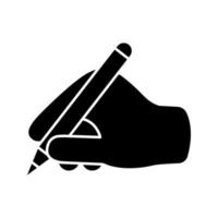 glyph handpictogram schrijven. silhouet symbool. hand met pen of potlood. copywriting. tekst bewerken. negatieve ruimte. vector geïsoleerde illustratie