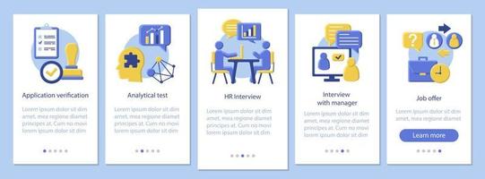 werving onboarding mobiele app pagina scherm vector sjabloon. personeelszaken. werkgelegenheid. uur interview. platte ontwerp website instructies. ux, ui, gui smartphone interface cartoon concept
