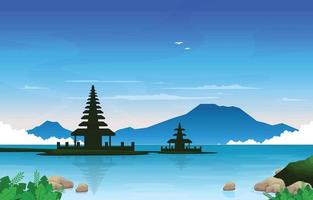 zee berg tempel beratan meer bedugul bali landschap uitzicht illustratie vector