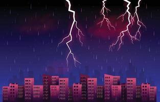 donder storm bliksem regenachtige nacht stad gebouw skyline stadsgezicht illustratie vector