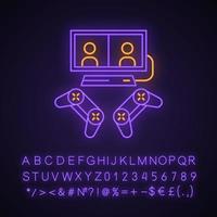 neonlichtpictogram voor videogames. e-sporten. competitie voor twee spelers. spel apparaten. gesplitst scherm, multiplayer-spellen. gloeiend bord met alfabet, cijfers en symbolen. vector geïsoleerde illustratie