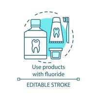 gebruik producten met fluoride concept icoon. mondhygiëne. tandpasta, borstel, mondwater. tandbederf en gaatjes preventie idee dunne lijn illustratie. vector geïsoleerde overzichtstekening. bewerkbare streek