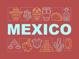 mexico woord concepten banner. Mexicaanse attracties, eten, muziek, kleding, vakanties. presentatie, website. geïsoleerde belettering typografie idee met lineaire pictogrammen. vector overzicht illustratie