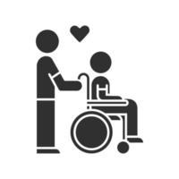 mensen met een handicap helpen glyph-pictogram. vrijwilligersverantwoordelijkheid voor gehandicapten. verpleegkundige zorg. man draagt invalide in rolstoel. silhouet symbool. negatieve ruimte. vector geïsoleerde illustratie