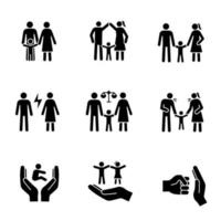 voogdij glyph iconen set. silhouet symbolen. kinderopvang. familierechtbank, ruzie, ouders die kind uitschelden, bescherming en rechten van kinderen, huiselijk geweld. vector geïsoleerde illustratie