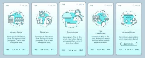 hoteldiensten onboarding mobiele app pagina scherm vector sjabloon. luchthavenshuttle, gratis annuleren. walkthrough website stappen met lineaire illustraties. ux, ui, gui smartphone-interfaceconcept