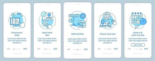 hotelkamer boeken onboarding mobiele app pagina scherm vector sjabloon. het kiezen van prijs, voorzieningen, stad, datum. hostel, motelreservering. doorloop website stappen. ux, ui, gui smartphone-interface