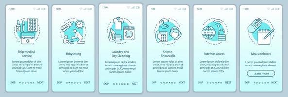cruise faciliteiten onboarding mobiele app pagina scherm vector sjabloon. medische dienst, babysit, wasserette. walkthrough website stappen met lineaire illustraties. ux, ui smartphone-interfaceconcept