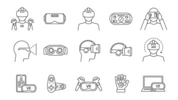 virtuele realiteit lineaire pictogrammen instellen. dunne lijn contour symbolen. vr-games, apps, headset, controllers, spelers. virtual reality-apparaten. geïsoleerde vectoroverzichtsillustraties. bewerkbare streek vector