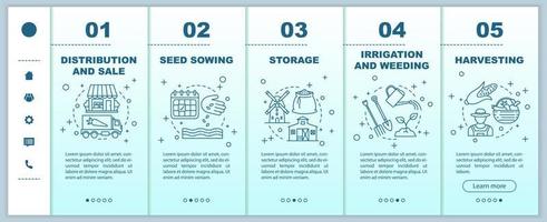 agrarische bedrijf onboarding mobiele app pagina scherm vector sjabloon. landbouw. landbouw. groeien, zaaien doorloopstappen met lineaire illustraties. ux, ui, gui smartphone-interfaceconcept