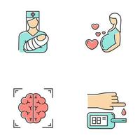 medische procedures gekleurde pictogrammen instellen. kindergeneeskunde en zwangerschapszorg. hersenscan. bloed Test. medische hulp. moederschap, ouderschap. verpleegster met baby. neuroimaging, dhr. geïsoleerde vectorillustraties vector