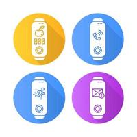 fitness tracker meldingen platte ontwerp lange schaduw glyph pictogrammen instellen. wellness-apparaat met inkomende oproep, actieve bewegingscontrole. gadget met etenstijd, e-mailherinnering. vector silhouet illustratie