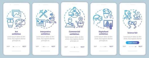 tentoonstelling en museum onboarding mobiele app pagina scherm vector sjabloon. expositie. wetenschapsbeurs. walkthrough website stappen met lineaire illustraties. ux, ui, gui smartphone-interfaceconcept