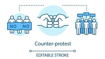 tegen protest concept icoon. openbare demonstratie, onenigheid manifestatie idee dunne lijn illustratie. demonstranten met borden, banner en vuisten vector geïsoleerde overzichtstekening. bewerkbare streek