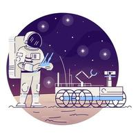 astronaut met moon rover platte concept icoon. kosmonaut in de ruimte sticker, clipart. ruimteverkenningsvoertuig en ruimtevaarttechnologie geïsoleerde cartoonillustratie op witte achtergrond vector