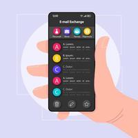 e-mail uitwisseling menu smartphone interface vector sjabloon. mobiele app pagina zwarte ontwerplay-out. inkomende e-mail organisator scherm. platte ui voor toepassing. hand met telefoon met chats op het display