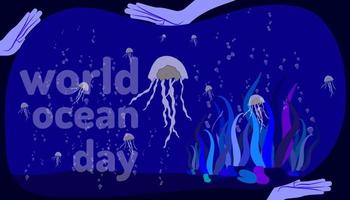 wereld oceaan dag. menselijke hand met hulp kwallen medusa leven. doodle hand tekenen kleurrijke ontwerpstijl. vector illustratie eps10