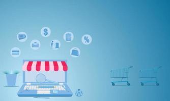 laptop zakelijk marketingconcept. verkoop online winkelen met boom kar pen gum vector illustratie eps10