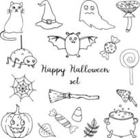 set van happy halloween-ontwerpelementen. kat, hoed, vliegenzwam, ketel van drankje, vleermuis, snoep, bezem, pompoen, bladeren vectorillustratie in doodle stijl schetsen tekening geïsoleerd op een witte achtergrond. vector