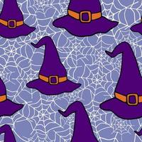 gelukkig halloween vector naadloos patroon. heks hoed achtergrond. vakantie kleurrijke textuur voor verpakking, behang, textiel, scrapbooking. hand getekende vectorillustratie in doodle stijl.