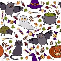 halloween vector naadloze patroon. spook, bezem, kat, vleermuis, hoed achtergrond. vakantie kleurrijke textuur voor verpakking, behang, textiel, scrapbooking. handgetekende vectorillustratie in doodle-stijl