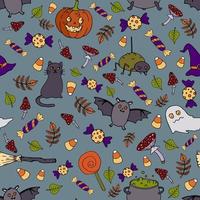 halloween vector naadloze patroon. spook, bezem, kat, vleermuis, hoed achtergrond. vakantie kleurrijke textuur voor verpakking, behang, textiel, scrapbooking. handgetekende vectorillustratie in doodle-stijl