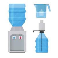 set van waterfilter, koeler, plastic fles apparatuur voor schone aqua geïsoleerd op een witte achtergrond. huishouden, kantoorobjecten. . vector illustratie