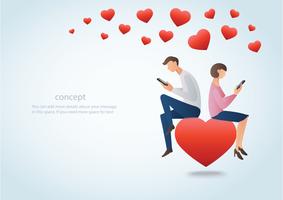 man en vrouw met behulp van smartphone en zittend op het rode hart met veel harten, concept van de liefde online vector