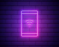 internet netwerk symbool en telefoon pictogram neon licht gloeiende illustratie ontwerp roze kleur. geïsoleerd op bakstenen muur vector