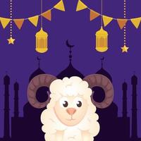 eid al adha mubarak, gelukkig offerfeest, geit met hangende lantaarns en slingers vector