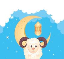 eid al adha mubarak, gelukkig offerfeest, geit met hangende maan en lantaarn vector