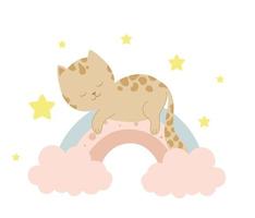 schattige kat slapen op de regenboog. baby dier concept illustratie voor kinderdagverblijf, karakter voor kinderen. vector