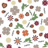 zomer bos naadloze bloemmotief hand getekende lente pastel tuin achtergrond met bloemen, bladeren, klavers en lieveheersbeestjes vector