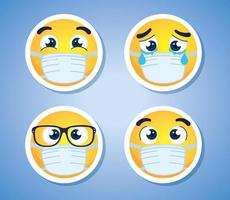 stel emoji's in die een medisch masker dragen, gezichten emoji's die pictogrammen voor een chirurgisch masker dragen vector
