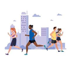 mensen joggen met stadsgezicht, mensen rennen buiten, mensen in sportkleding joggen vector