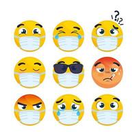 stel emoji's in die een medisch masker dragen, gezichten emoji's die pictogrammen voor een chirurgisch masker dragen vector